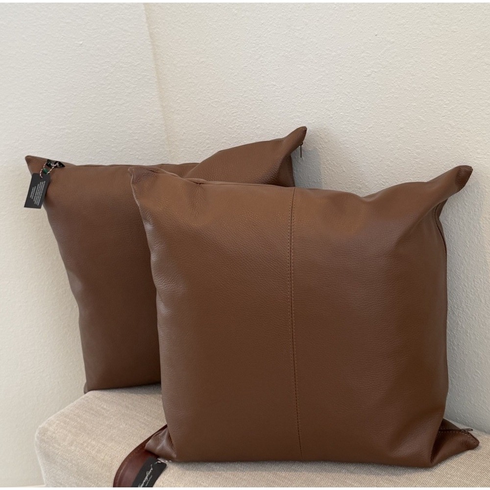 2-GARUGLIERI ITALY TAN FULL LEATHER 16"THROW PILLOWS; FEATHER/POLY FILL NWT